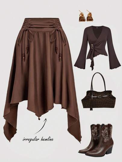 SHEIN MOD Plus Size Asymmetric Beaded Brown Long Skirt, Vintage Style, Stylish Design, Spring/Summer.Spring And Summer Vacation Outfits.Old-School Style, Business Office.Spring And Summer In Bohemia