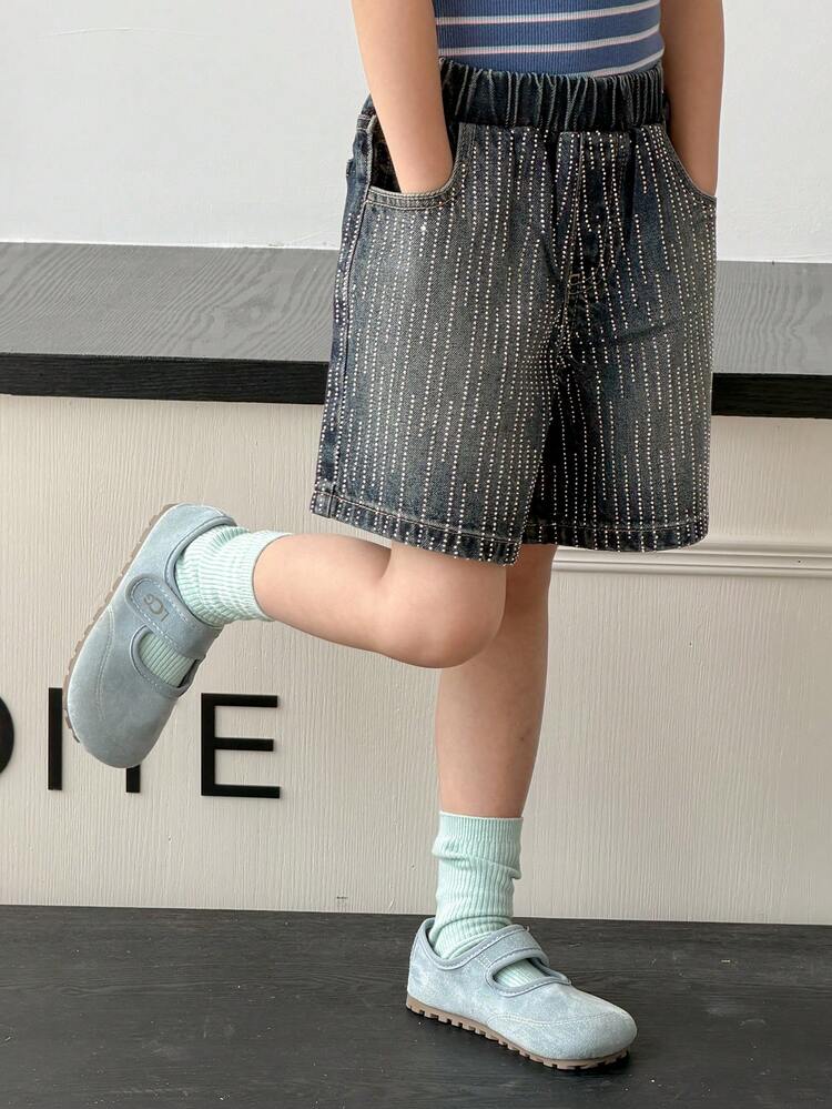 Young Girl' Rhinestone Embellished Casual Street Style Denim Shorts, Spring/Summer