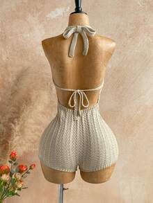 Soleia 女士夏季秋季度假套装 - 渐变针织深V领露背连体裤，性感时尚修身，适合派对、约会、下午茶、波西米亚风度假、海滩等场合。针织泳衣钩编泳装女士连体裤，女士钩编连体裤春季套装，女士情人节海滩套装，女士生日外出套装，女士优雅休闲度假复古套装，女士性感连体裤，女士夏季春季情人节休闲度假海滩婚礼生日外出套装，优雅休闲度假套装 - 杏色 - 查看 2