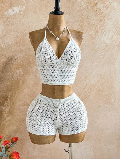 Soleia Women 2 Pieces Knit Set: White Halter Neck Camisole & Shorts