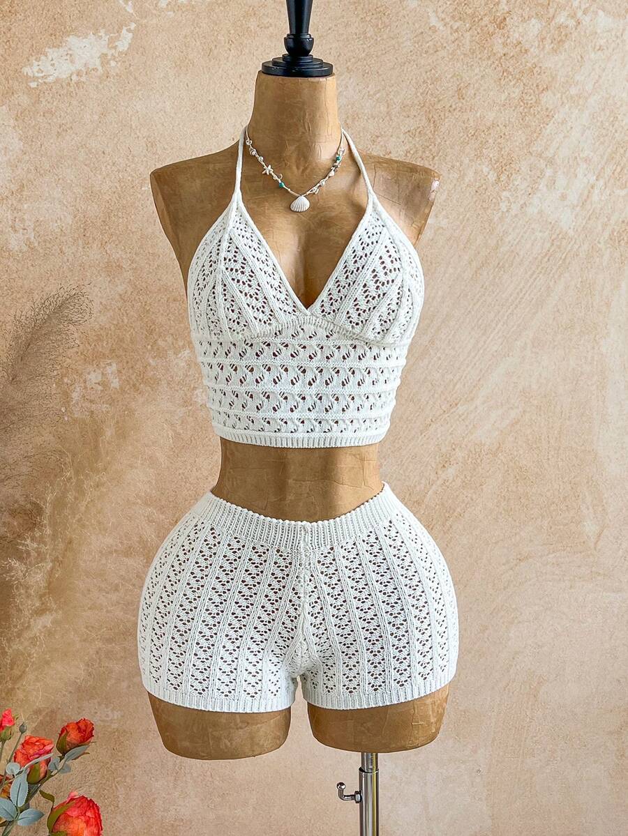 Soleia Women 2 Pieces Knit Set: White Halter Neck Camisole & Shorts - White - View 1