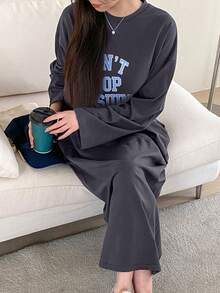 DAZY Letter Print Pattern Long Sleeve Loose Knit Dress, Spring/Summer Maxi Dress - Dark Grey - View 7