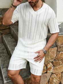 VENTUSAIL Men's Beach Vacation Casual V-Neck T-Shirt & Shorts Set - Apricot - View 1