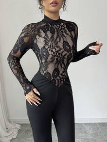Rafferiza 女士优雅通勤蕾丝拼接连体裤 - 黑色 - 查看 4