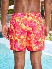 Manfinity VDAYZ 男士印花抽绳腰带沙滩短裤，夏季 - 紅色 - 查看 6