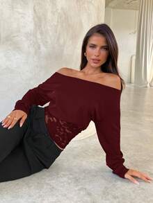 Aloruh Women's Contrast Lace Oblique Shoulder Long Sleeve Fashionable Elegant T-Shirt Lace Long Sleeve Top - Burgundy - View 5