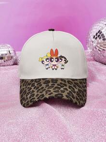 THE POWERPUFF GIRLS X SHEIN 1 Stück POWERPUFF GIRLS Muster Kontrast Leopard Baseball Kappe, Baseball Spiel passend, Basketball, Herbst, Sportsstil, 90er Jahre, verstellbare lässige Kappe Sportkappe für Frauen & Männer, Sonnenschutz lässige Kappe für Reisen, Partys und Strand
