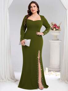 Coutiva 大码优雅串珠装饰高开衩正式晚礼服 - 橄欖綠 - 查看 4