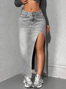 Jeanoix 女士休闲水洗牛仔开衩半身裙，夏季 - 淺灰紫 - 查看 6