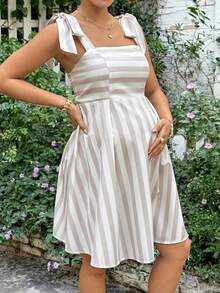 SHEIN Maternity Clothes Maternity Dress Maternity Summer Casual Everyday Striped Tie Shoulder Dress Vacation