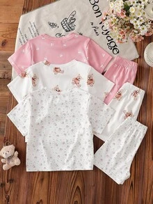 Vintaside Kids Conjunto de 3 piezas de camiseta de manga corta y pantalones cortos estampados con cerezas, de estilo casual y holgado, adecuado para el verano, para niñas - Multicolor - Ver 2