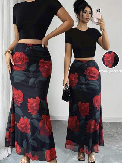 Elenzga 红色花卉印花网纱紧身半身裙，优雅休闲/假日女装；黑色紧身半身裙，情人节时尚之选