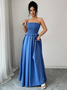 SHEIN Elenzya 优雅荷叶边下摆A字连衣裙，牛仔布质感面料，浪漫精致 - 中等水洗藍 - 查看 3