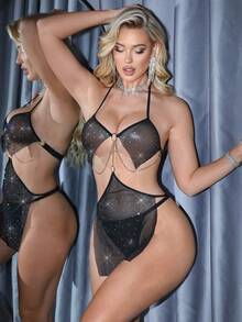 MidnightGlam 2件套女士亮片链条吊带系带露裆内衣套装 - 黑色 - 查看 4