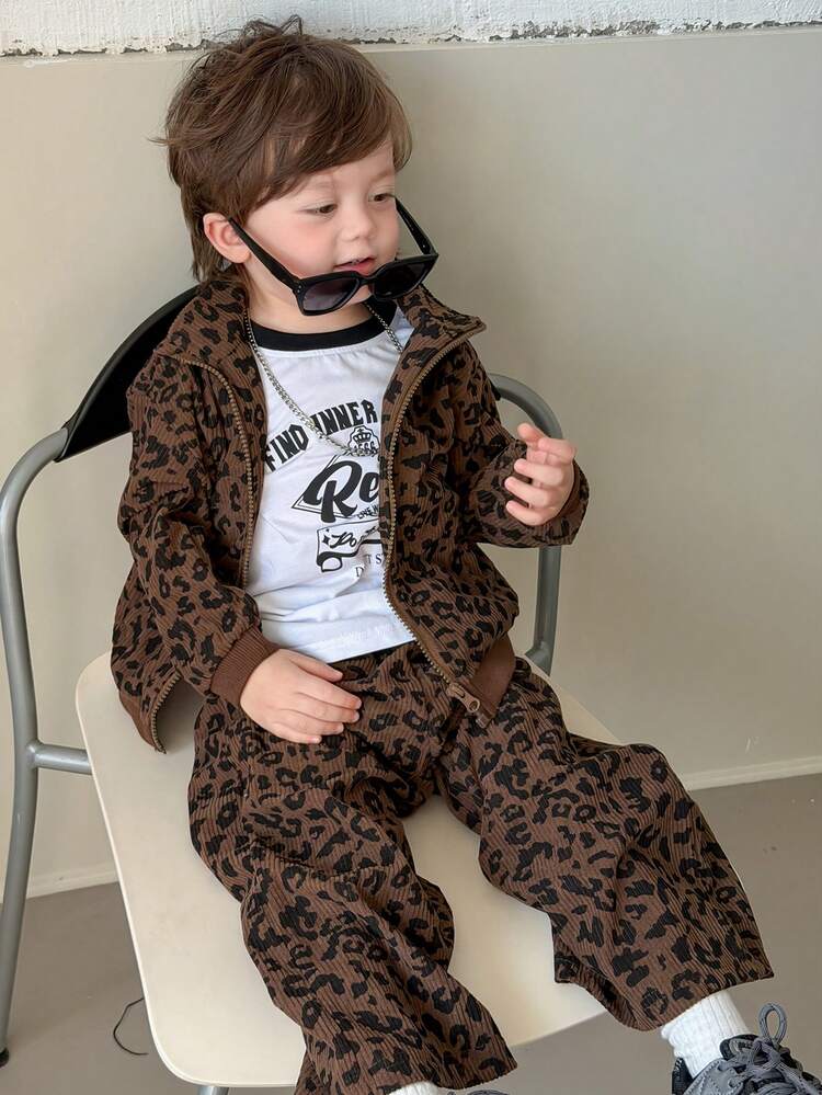2pcs Toddler Boys' Hooded Leopard Print Casual Loose Sweatshirt Jacket And Loose Sweatpants Set