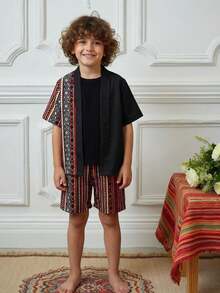 Bộ 2 món gồm áo sơ mi ngắn tay và quần short in họa tiết hình học cho bé trai, phong cách Bohemian. - Nhiều màu - Xem 3