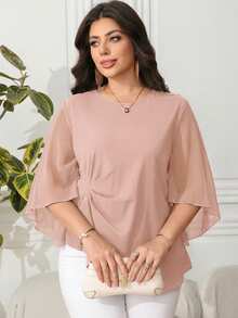 Reflora Plus Size Solid Color Twist Knot Elegant Mesh Patchwork Blouse - Baby Pink - View 6