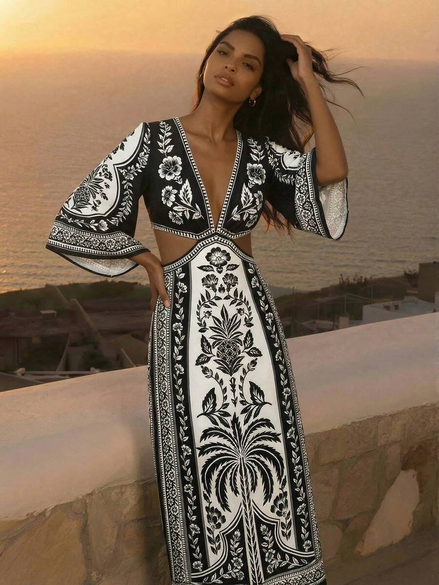 CAJUNI Women's Pineapple Print Cutout Waist Deep V Neck Long Sleeve Sexy Fashion Dress, Vacation