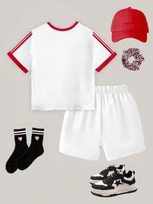 SHEIN Elladie kids 2件套女童休闲时尚创意爱心条纹印花T恤短裤套装，舒适日常穿着，适合春、夏、秋季穿着，可爱女童套装，少女服装，短袖。 - 彩色 - 查看 2