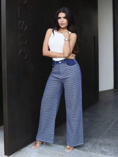 Hindelle 休闲通勤提花宽松阔腿牛仔裤