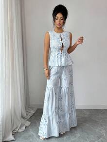 SHEIN Elenzya Tie-Front Bow Striped Print Camisole And Pants Set - Blue and White - View 4