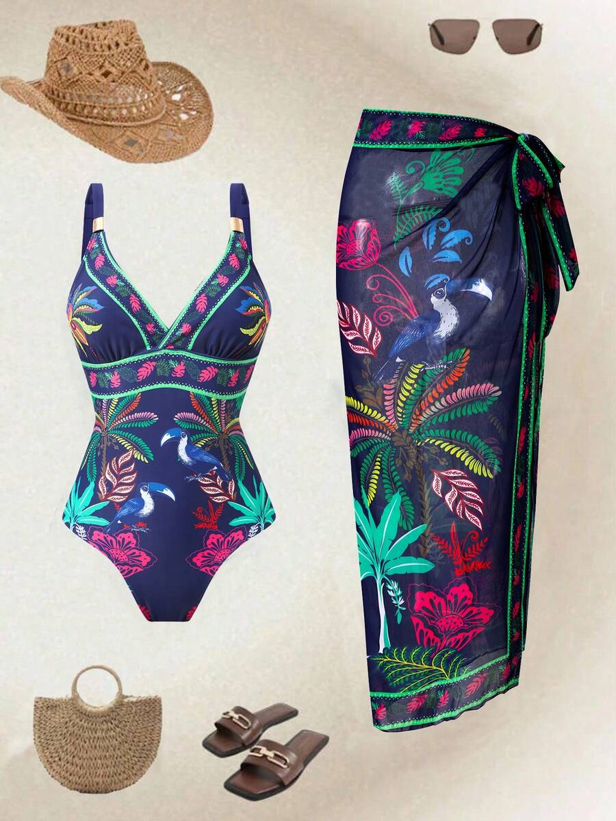 Swim Oasis 2026新款春夏女士两件套印花泳衣和网纱长裙沙滩度假休闲泳装套装 - 彩色 - 查看 1