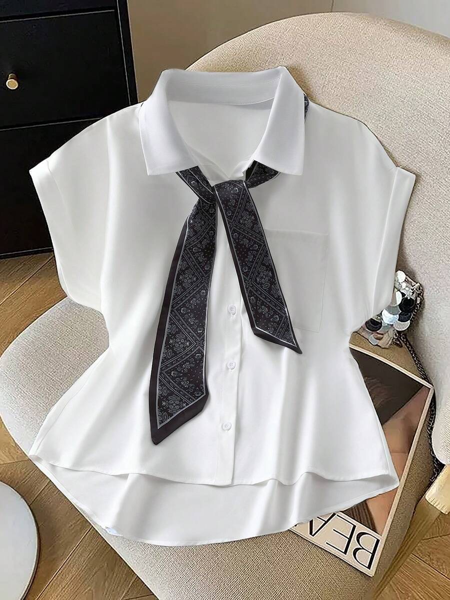 GlowEve 蓝色 Polo 领无袖衬衫配围巾，女士夏季新款宽松休闲上衣，优雅显瘦 - 白色 - 查看 1