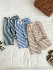 SHEIN 3件套男女宝宝通用服装，男宝宝休闲可爱百搭条纹缎带装饰松紧腰裤套装 - 彩色 - 查看 4