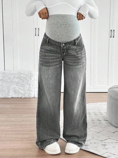 SHEIN Maternity Casual Everyday Commute Knit Belly Support Loose Wide Leg Jeans