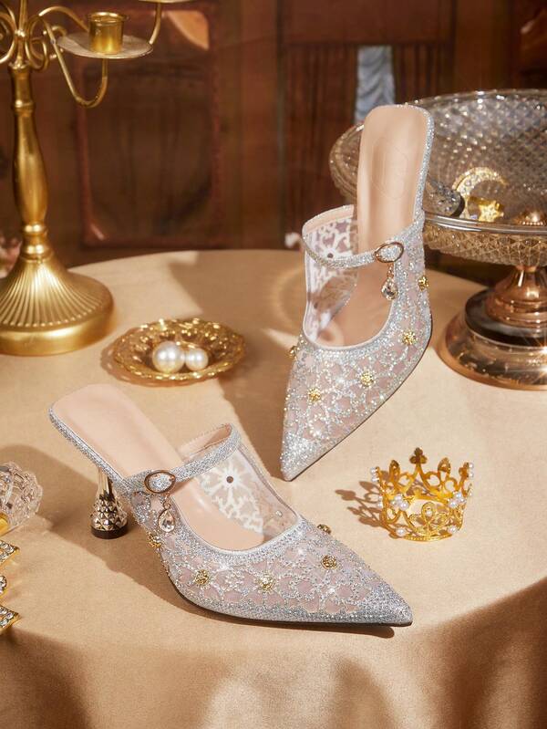 CUCCOO TILAWA Women's Pointed Toe High Heels, Fully Decorated With Rhinestones, Sexy Mesh Breathable Design With Adjustable Strap, Suitable For All Seasons - Elegant And Comfortable Middle Eastern Style Street Outfit, Suitable For Valentine's Day, Office And Casual Occasions