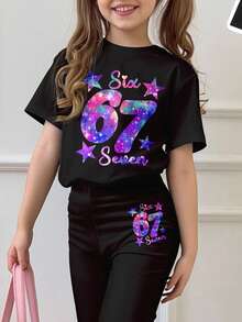 SHEIN 全黑时尚星空彩色67图案印花“随心所欲”女童休闲卡通图案圆领短袖上衣和喇叭裤两件套，春夏装扮，舒适百搭，适合小女孩，时尚童装，休闲服饰，儿童彩色星空数字图案服装，别致新颖 - 彩色 - 查看 6