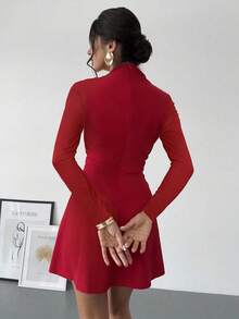 SHEIN PETITE CURVE Plus Size Elegant Red Satin Dress,Autumn Party Wedding Guest Dress For Women,Solid Color Waist Cinched Long Sleeve Curve Birthday Carnival Costume - Red - View 2