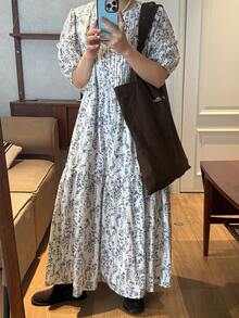 FRIFUL Women's Casual Floral Print Puff Sleeve Dress, Summer - Beige - View 5