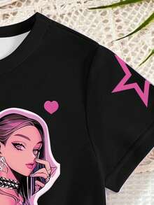 Young Girl Casual Fashionable Creative Personalized Refreshing Minimalist Cool Virtual Girl Group Pentagram Heart Purple Mix Black Graphic Tee, Comfortable Daily Wear, Cozy Summer & Fall Styles Suitable For Spring, Summer, Autumn Graphic Girl Shirts Anime Girl Shirt Tv Girl Shirt Merch Star Girl Shirt - Multicolor - View 6