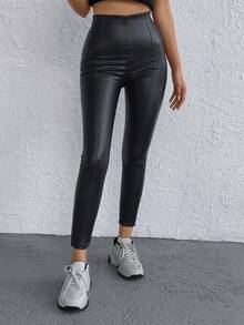 EURMUSE Tall Tall Size High Waist PU Leggings - Black - View 4