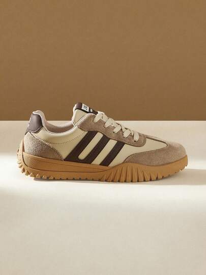 CUCCOO EASI Contrast Color Solid Preppy Casual Gym Sneakers For Women, Lace-Up Brown Patchwork Flat Retro Casual Outdoor Sports Running Shoes