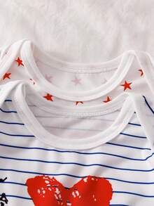 2pcs Newborn Simple Striped Heart & Letter Print Long Sleeve Footed Romper Pajama Set - Multicolor - View 6
