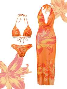 Swim Oasis 3pcs Set: Printed Spaghetti Strap Halter Bikini Top, V-Cut Bottoms, & Printed Mesh Cover Up - Multicolor - View 1