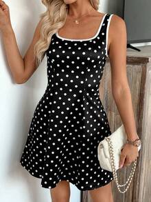 SHEIN LUNE Vestido corto sin mangas con cuello cuadrado, cintura marcada y dobladillo acampanado, con lunares negros y ribete blanco, elegante para mujer - Negro - Ver 7