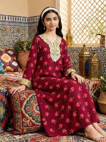 SHEIN Langes Kleid für Teenager-Mädchen mit gewebtem Platzierungsdruck und goldenem Applikation, locker geschnitten, geeignet für Reisen, Urlaub, Landstil, lässigen Badeort, Boho-Stil, passend zu Schwester- und Eltern-Kind-Outfits - Bordeaux - Übersicht 13