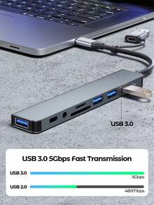 Teckwe USB 3.0 USB-C 集线器，带 SD 卡读卡器和音频插孔，8 合 1 USB 延长线分线器多端口转换器适配器，适用于 Air 及更多 PC/笔记本电脑/平板电脑设备 - 銀色 - 查看 5