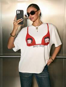 Betty Boop x SHEIN Women's Casual Bra Printed Drop Shoulder T-Shirt, Summer - White - View 9