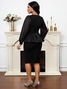 SHEIN Lady Women's Elegant Commuter Waist Cinched Top And Skirt Black Suit, Autumn - Black - View 2