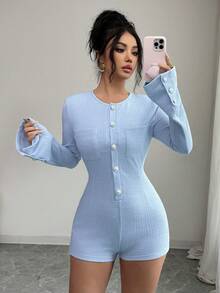 Selianne Women's Solid Color Round Neck Flare Sleeve Fitted Elegant Front Button Jumpsuit - Blue - View 3