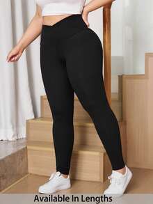 SHEIN Tall CURVE 大码女式纯色不对称腰带休闲百搭日常黑色打底裤高腰无缝打底裤，舒适紧身春季女装 - 黑色 - 查看 3