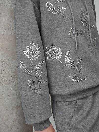 MOTF PREMIUM WOMEN'S SEQUINS FLORAL PATTERN DRAWSTRING HOODIE AND SKIRT SET