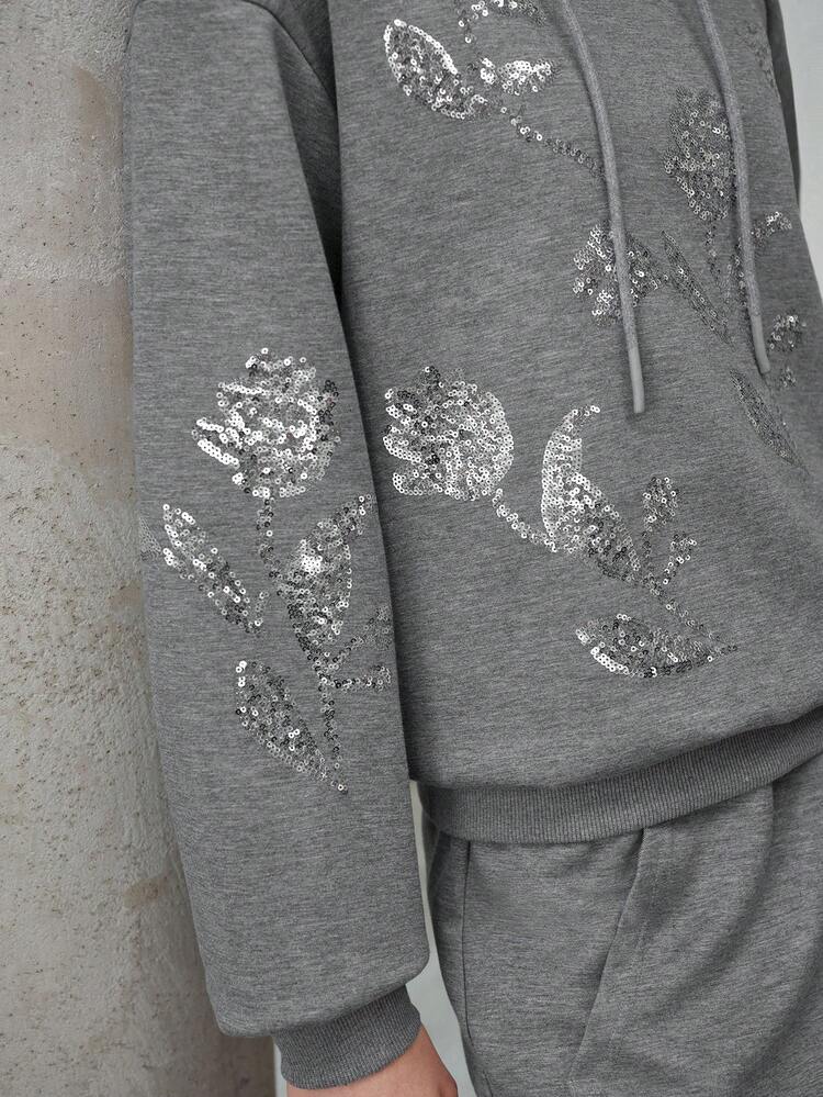 WOMEN'S SEQUINS FLORAL PATTERN DRAWSTRING HOODIE AND SKIRT SET
