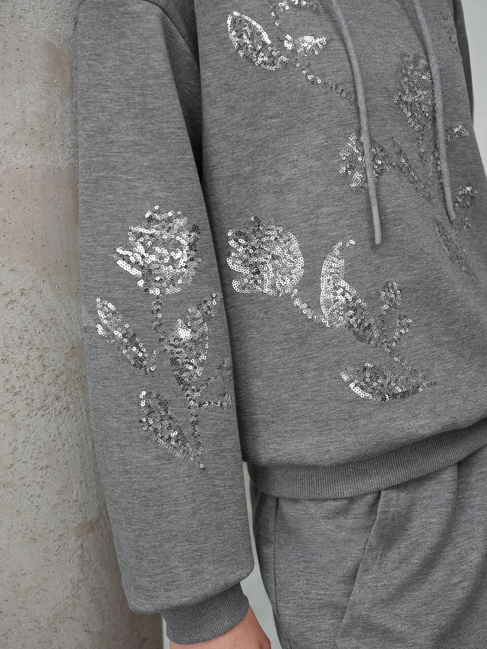 WOMEN'S SEQUINS FLORAL PATTERN DRAWSTRING HOODIE AND SKIRT SET