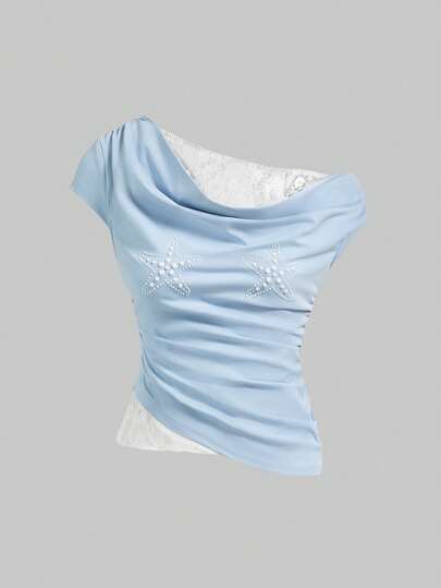 ROMWE Camiseta de manga corta con hombro asimétrico, ajustada, con perlas, estrellas de strass y encaje en contraste, de estilo vintage Y2K del milenio para el verano