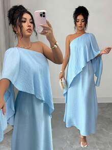 Rafferiza Women's Elegant Fashion New Asymmetric Long Dress, Summer One Sleeve Dress Summer Dress Curve Dress Light Blue Dress One Shoulder Dress - Baby Blue - View 3